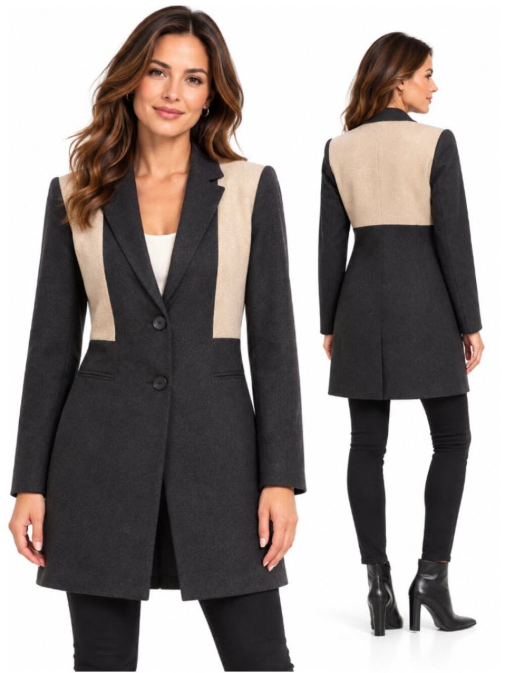 Judith & Charles NWT Wool Silk Colourblock Long Blazer Grey Beige Size 8 Chic